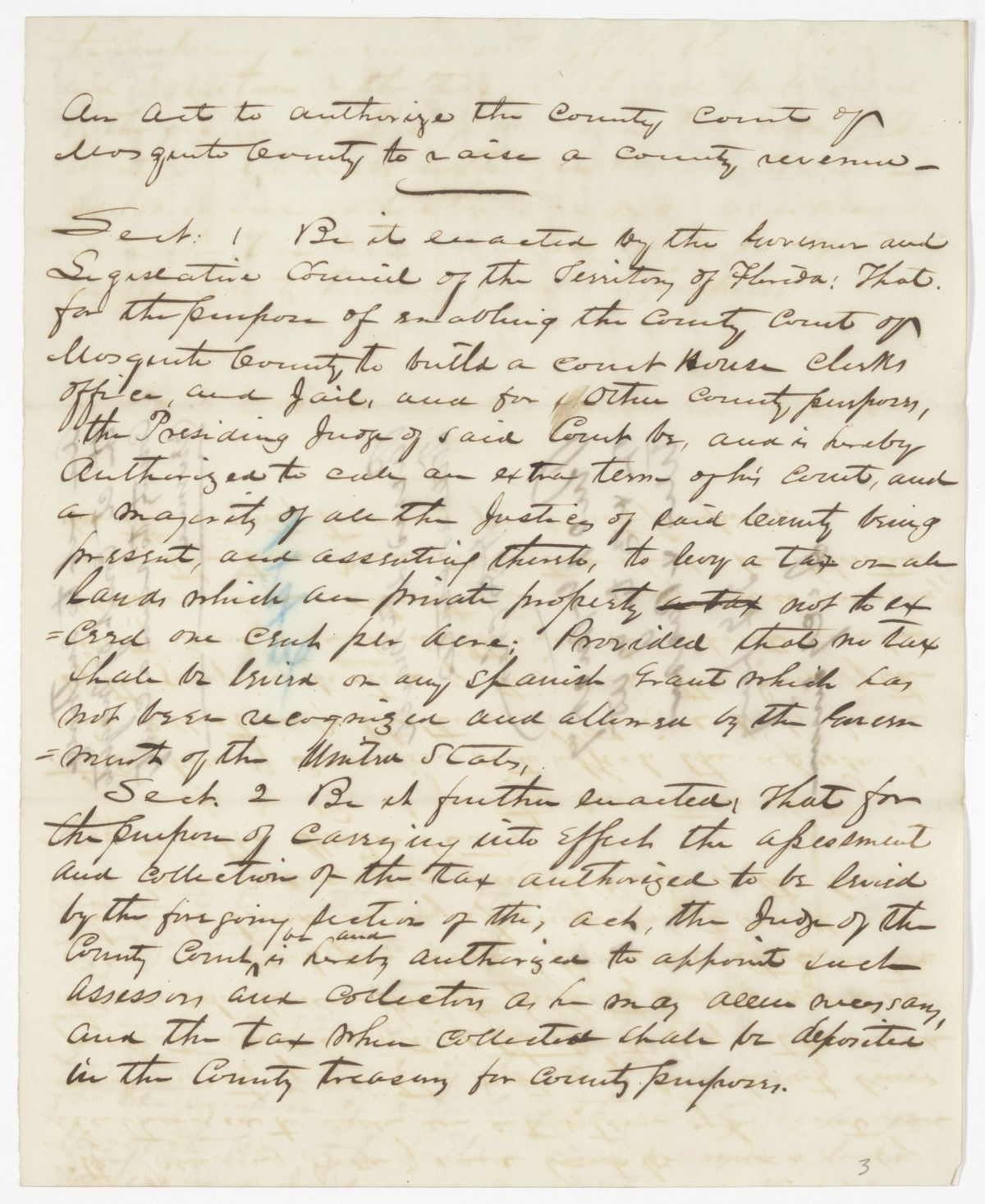 Draft of an Act to Authorize the County Court of Mosquito County to Raise a County Revenue, 1843