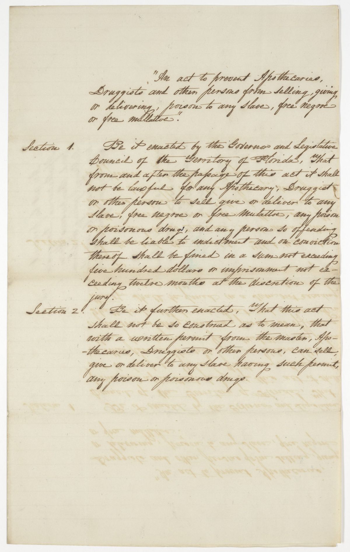 Draft of an Act to Prevent Apothecaries, Druggists and Other Persons from Distributing Poison to Any Enslaved Person or Free Person of Color, 1843