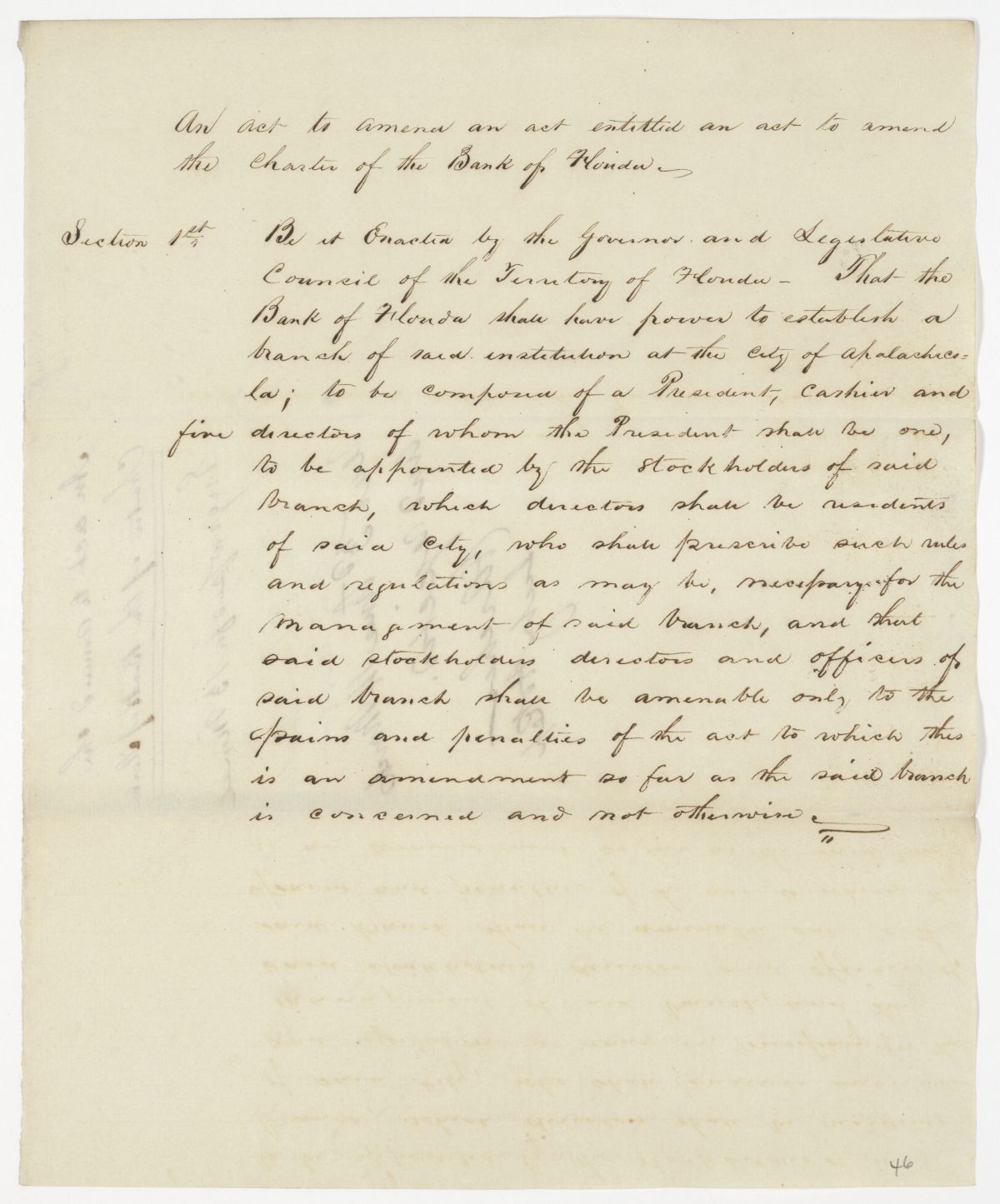 Draft of an Act to Amend the Charter of the Bank of Florida, 1843