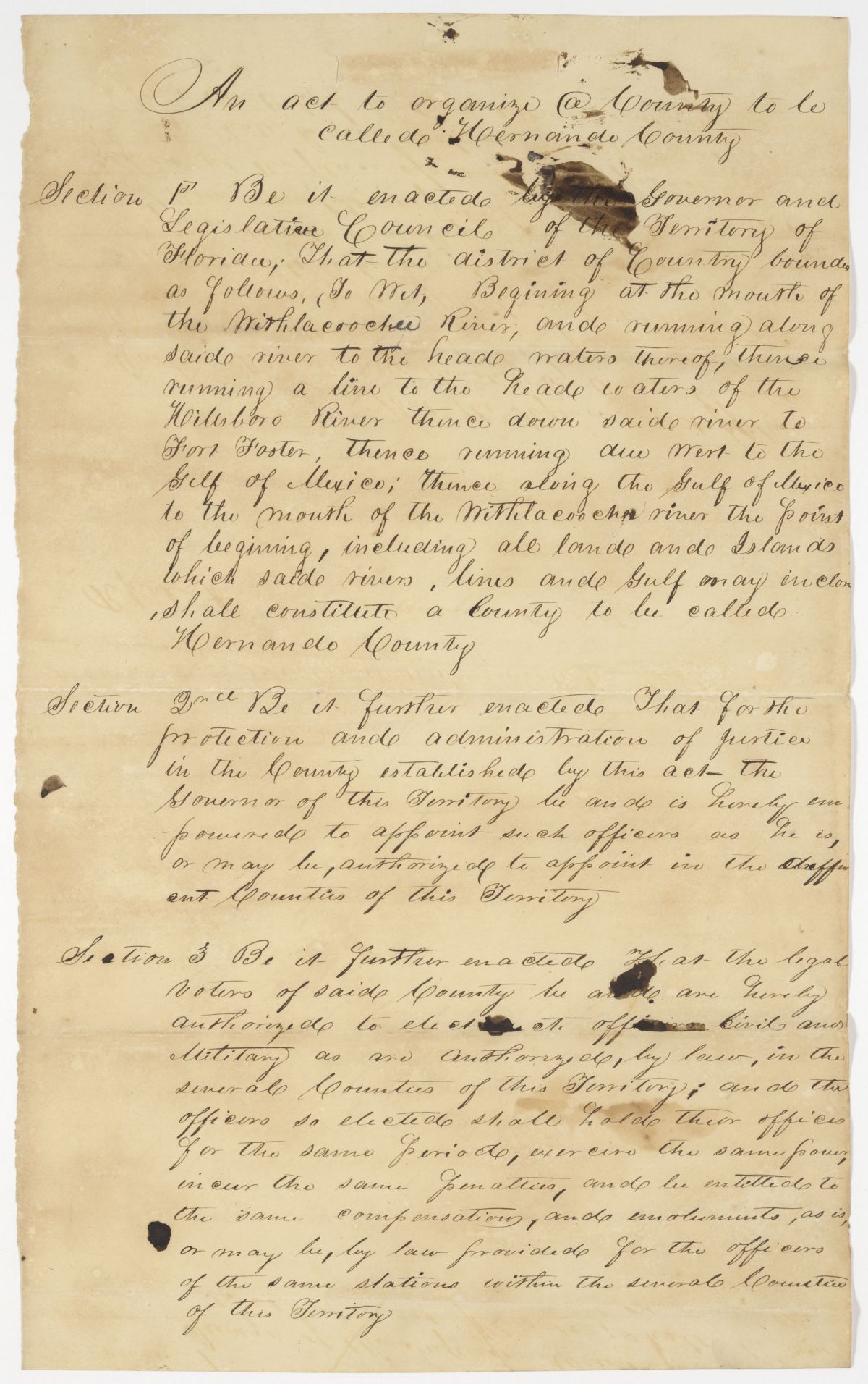 Draft of an Act to Organize a County to be Called Hernando County, 1843