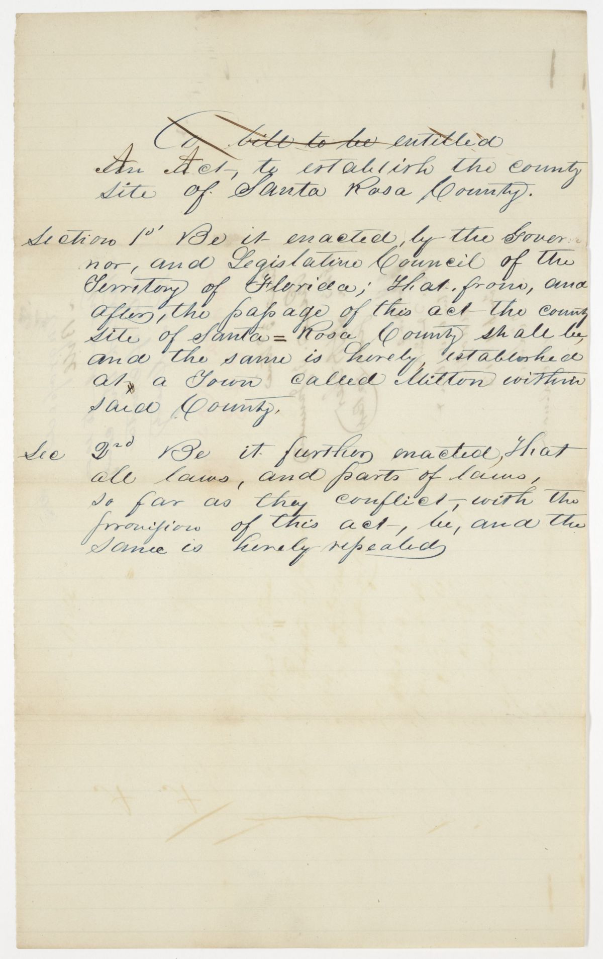 Draft of an Act to Establish the County Seat of Santa Rosa County, 1843