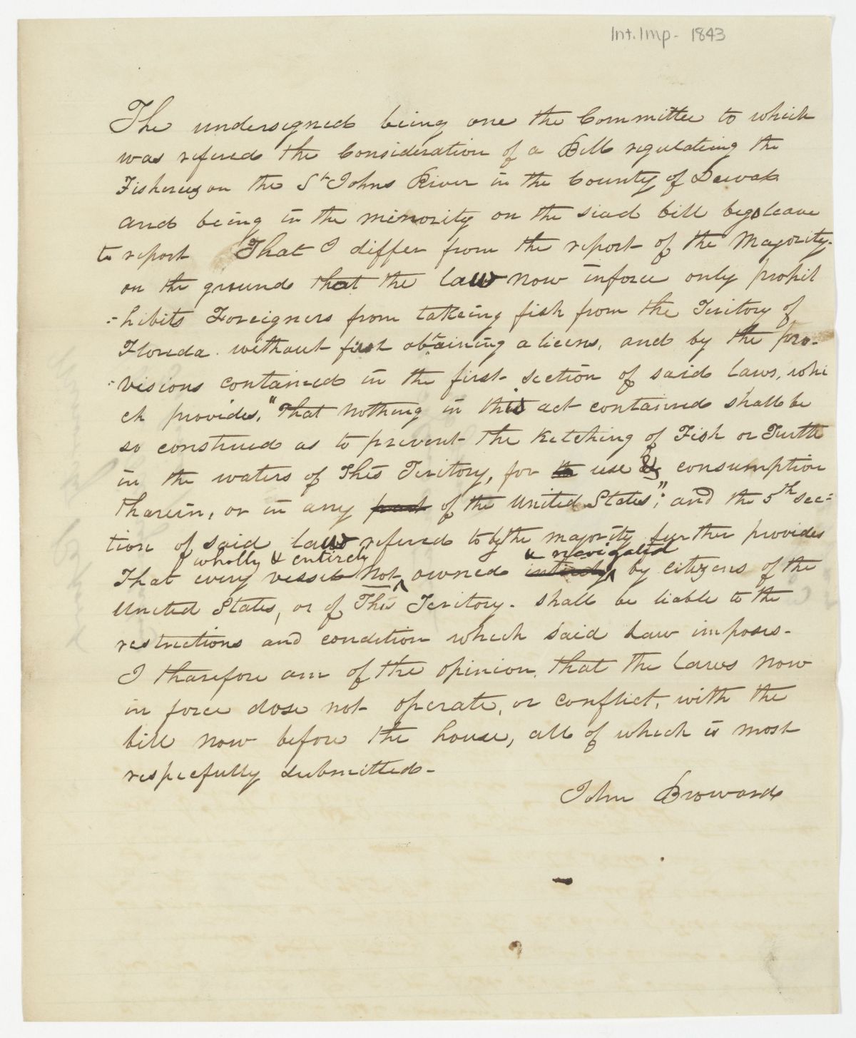 Minority Report of a Member of the Committee on Internal Improvements Concerning a Bill Regulating Fisheries, circa 1843