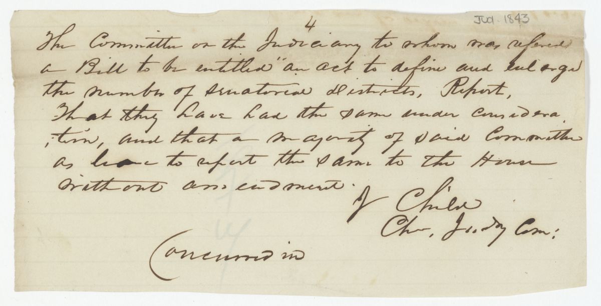 Report of the Committee on the Judiciary to Whom Was Referred a Bill to Define and Enlarge the Number of Senatorial Districts, circa 1843