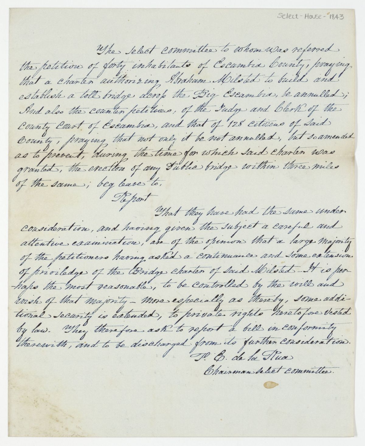 Report of the Select Committee to Whom Was Referred a Petition of Citizens of Escambia County, circa 1843