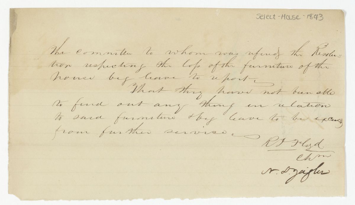 Report of the Committee to Whom Was Referred the Resolution Respecting the Loss of Furniture of the House, 1843