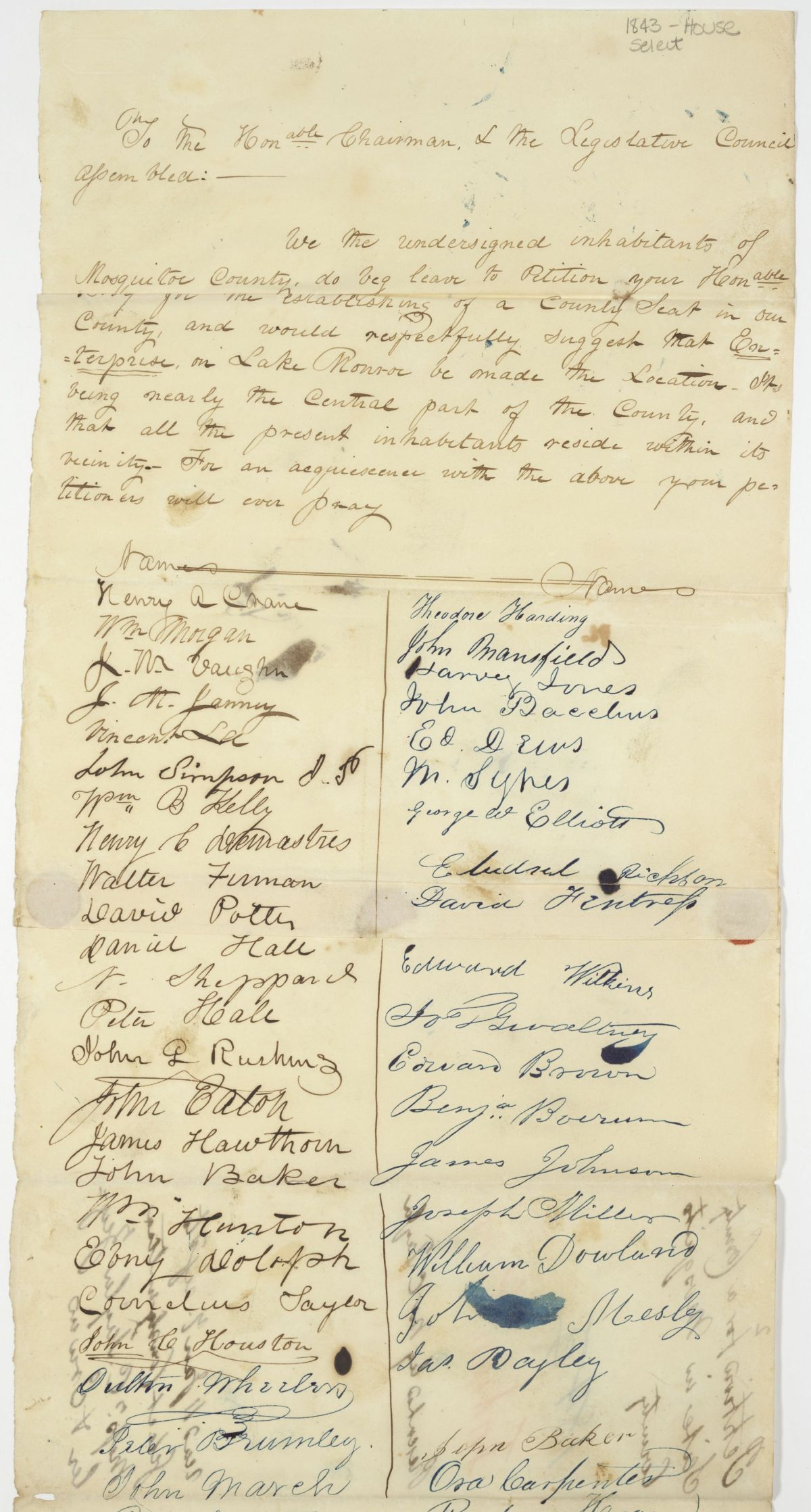 Petition of Citizens of Mosquito County Requesting the Establishment of a County Seat, circa 1843