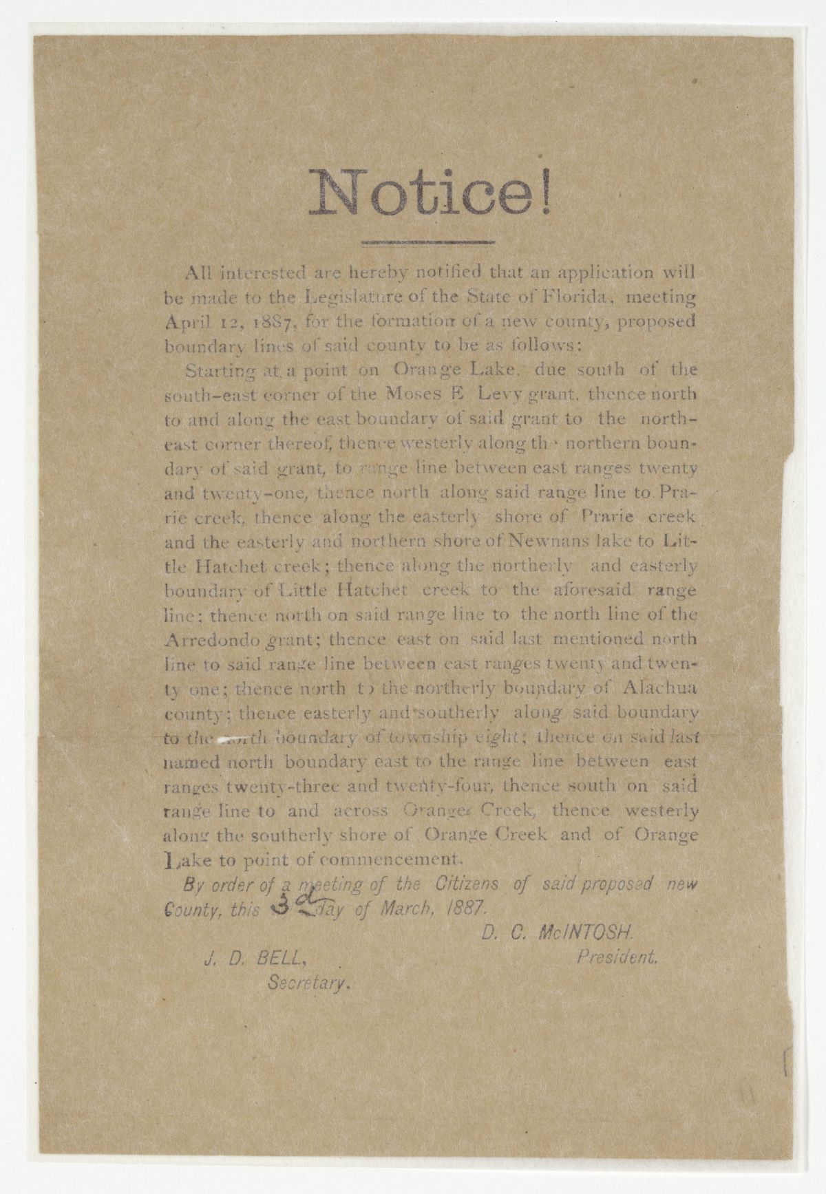 Broadside Announcing an Application for the Creation of a New County, 1887