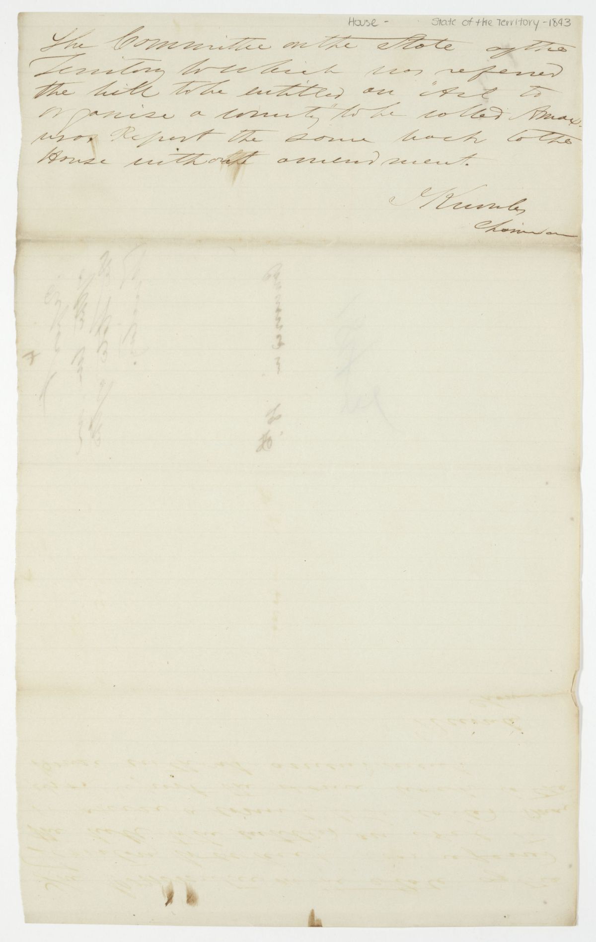 Report of the Committee on the State of the Territory to Whom Was Referred a Bill to Organize a County Called Amaxura, circa 1843