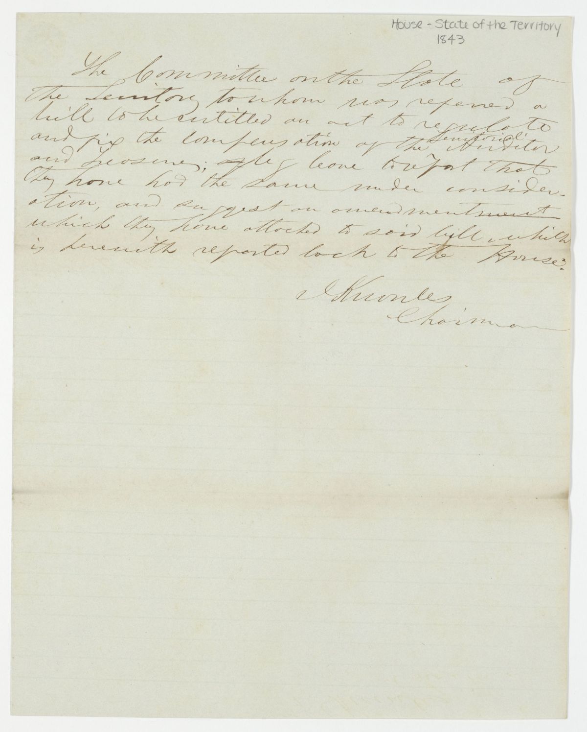 Report of the Committee on the State of the Territory to Whom Was Referred a Bill to Fix the Compensation of the Territorial Auditor, circa 1843