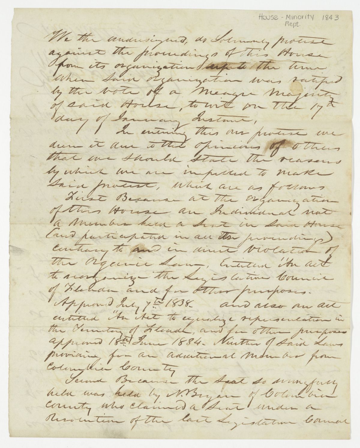 Petition Protesting the Proceedings of the Territorial Legislative Council, circa 1843