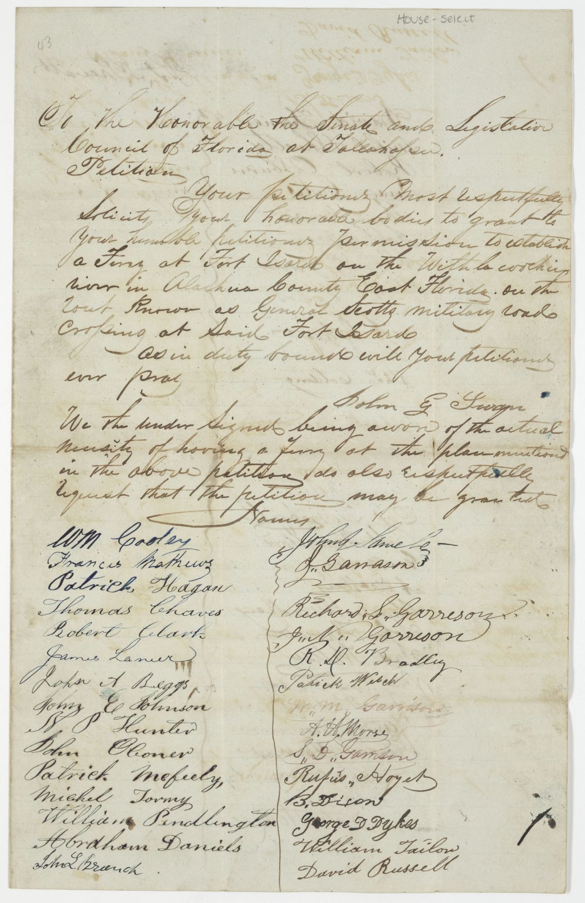 Petition of Citizens Requesting Permission to Establish a Ferry on the Withlacoochee River, circa 1843