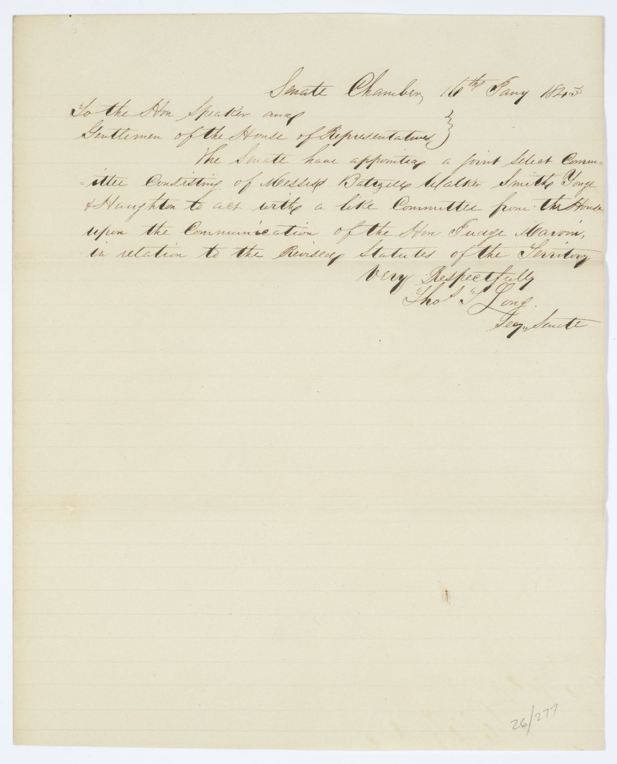 Message from the Senate to the House of Representatives Concerning a Joint Select Committee, 1843