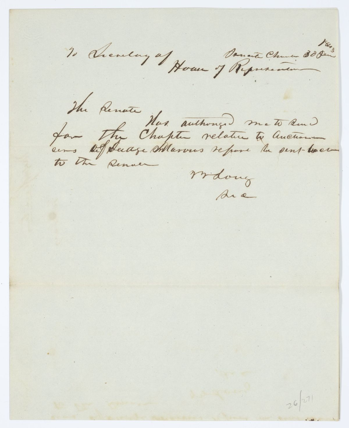 Message from the Senate to the House of Representatives Regarding a Chapter Relative to Auctioneers, 1843