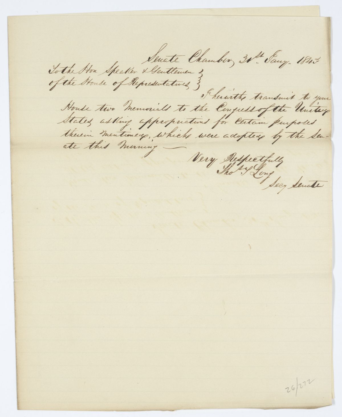 Message from the Senate to the House of Representatives Regarding Memorials to Congress, 1843