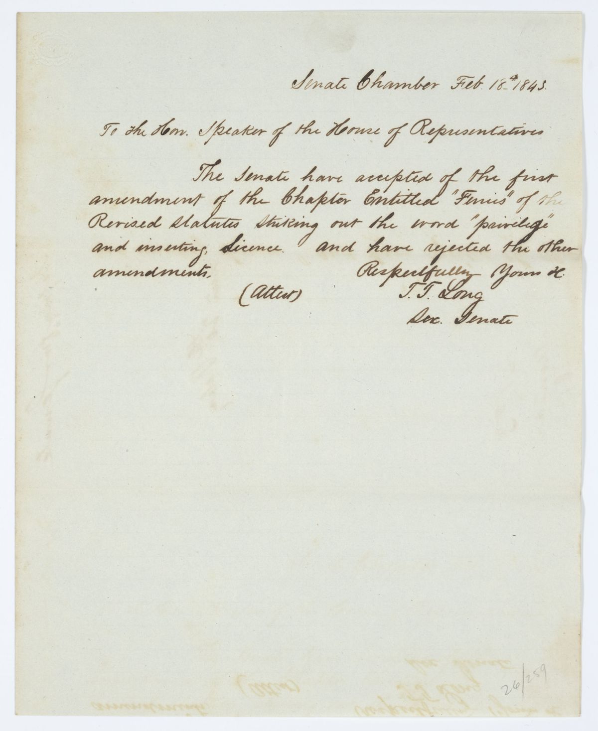 Message from the Senate to the House of Representatives Regarding a Chapter of the Revised Statutes, 1843