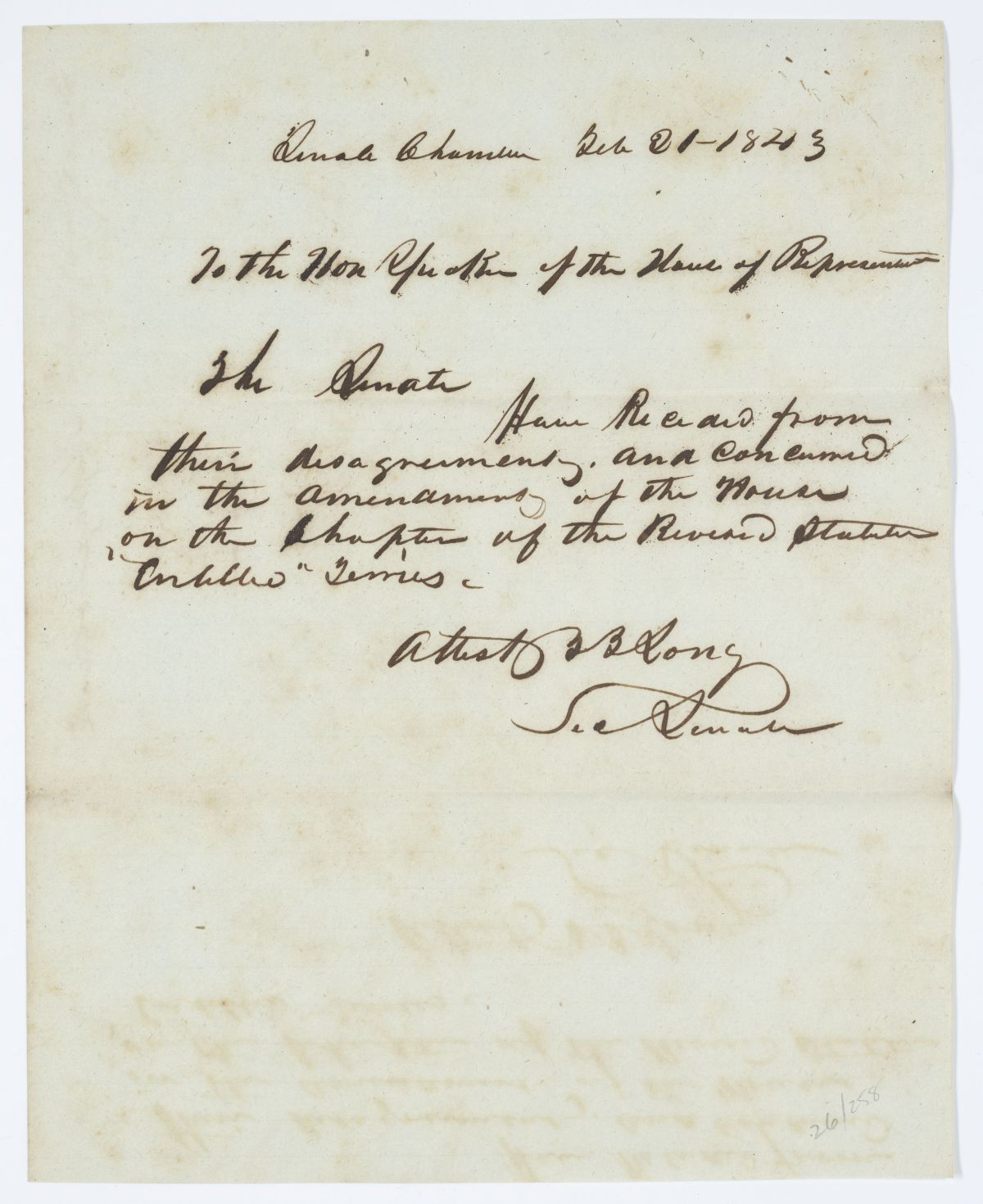 Message from the Senate to the House of Representatives Concerning a Chapter of the Revised Statutes, 1843