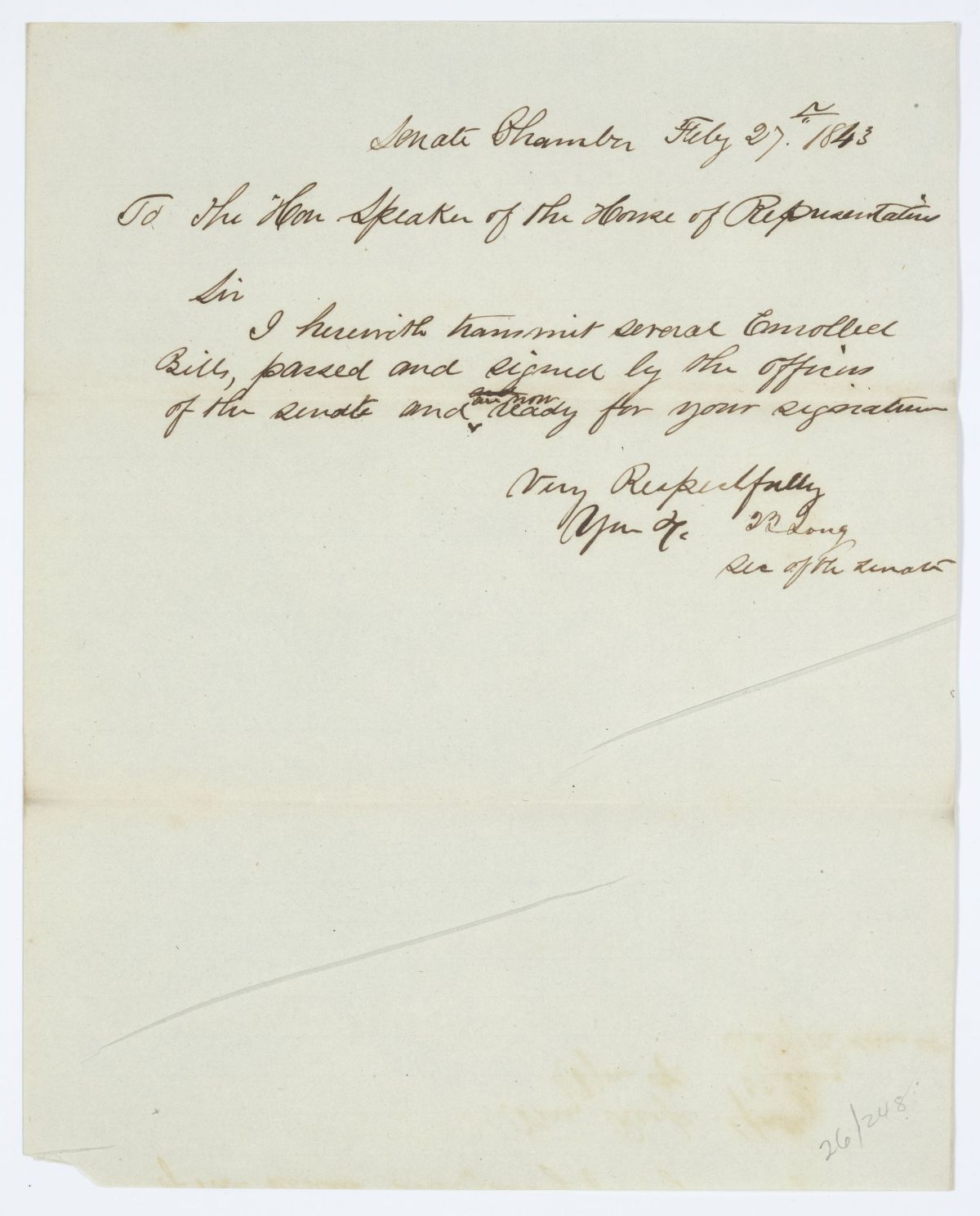 Message from the Senate to the House of Representatives Concerning Enrolled Bills, 1843