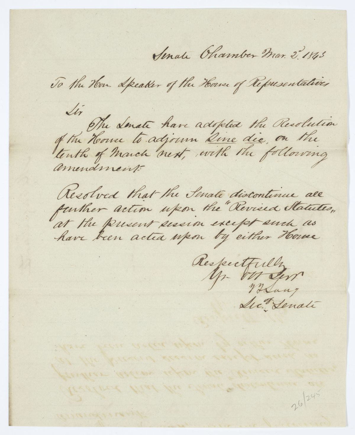 Message from the Senate to the House of Representatives Concerning Adjournment, 1843