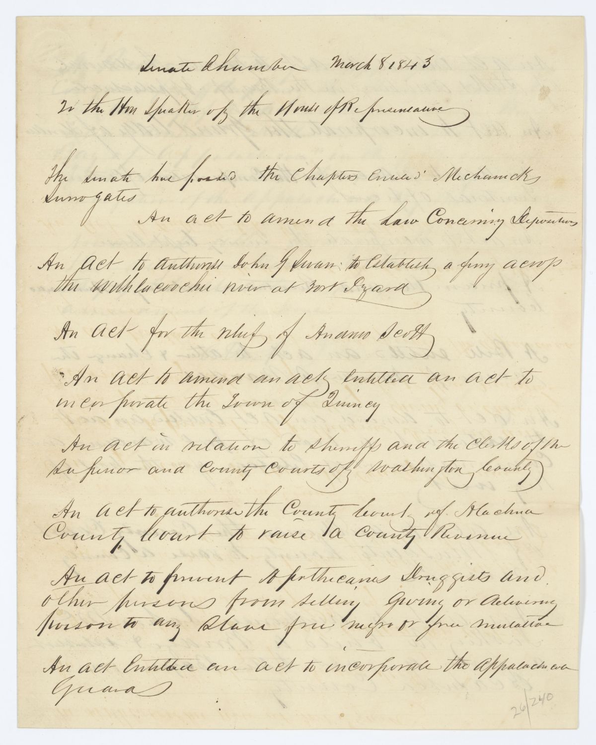 Message from the Senate to the House of Representatives Concerning Legislation, Resolutions and the Revised Statutes, 1843