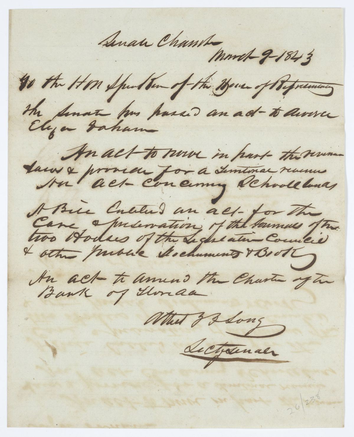 Message from the Senate to the House of Representatives Concerning Legislation, 1843