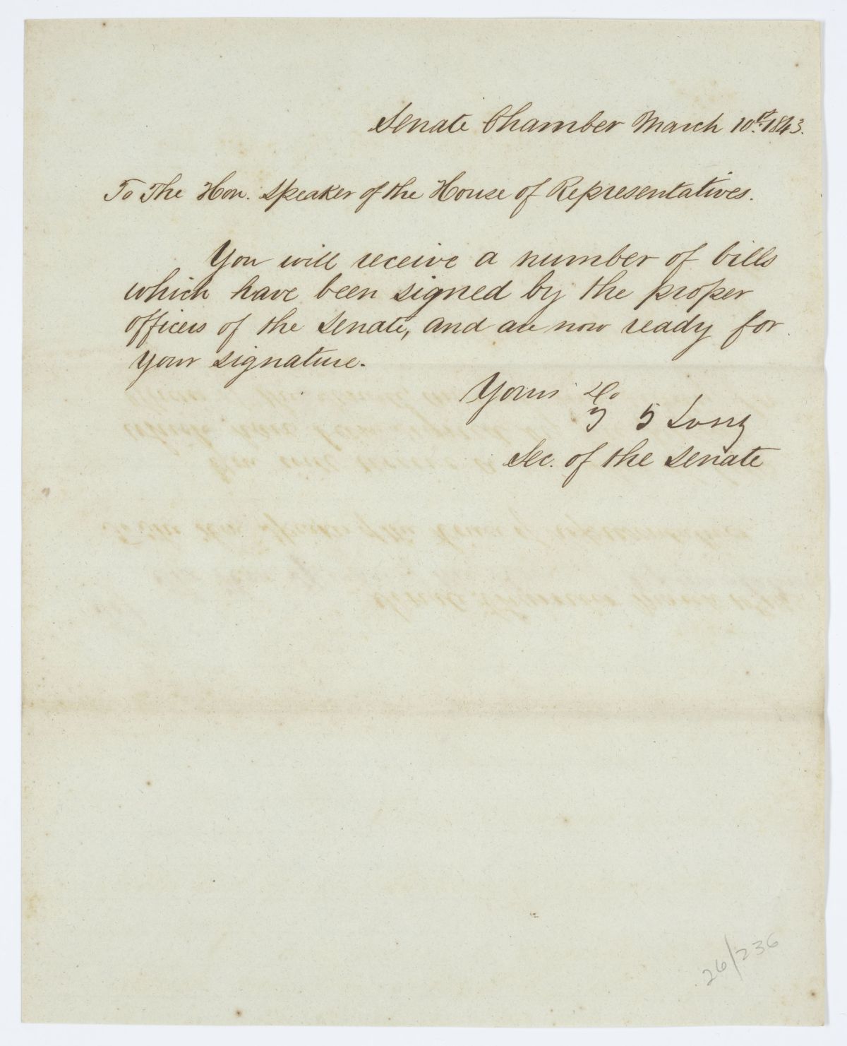 Message from the Senate to the House of Representatives Concerning Legislation, 1843