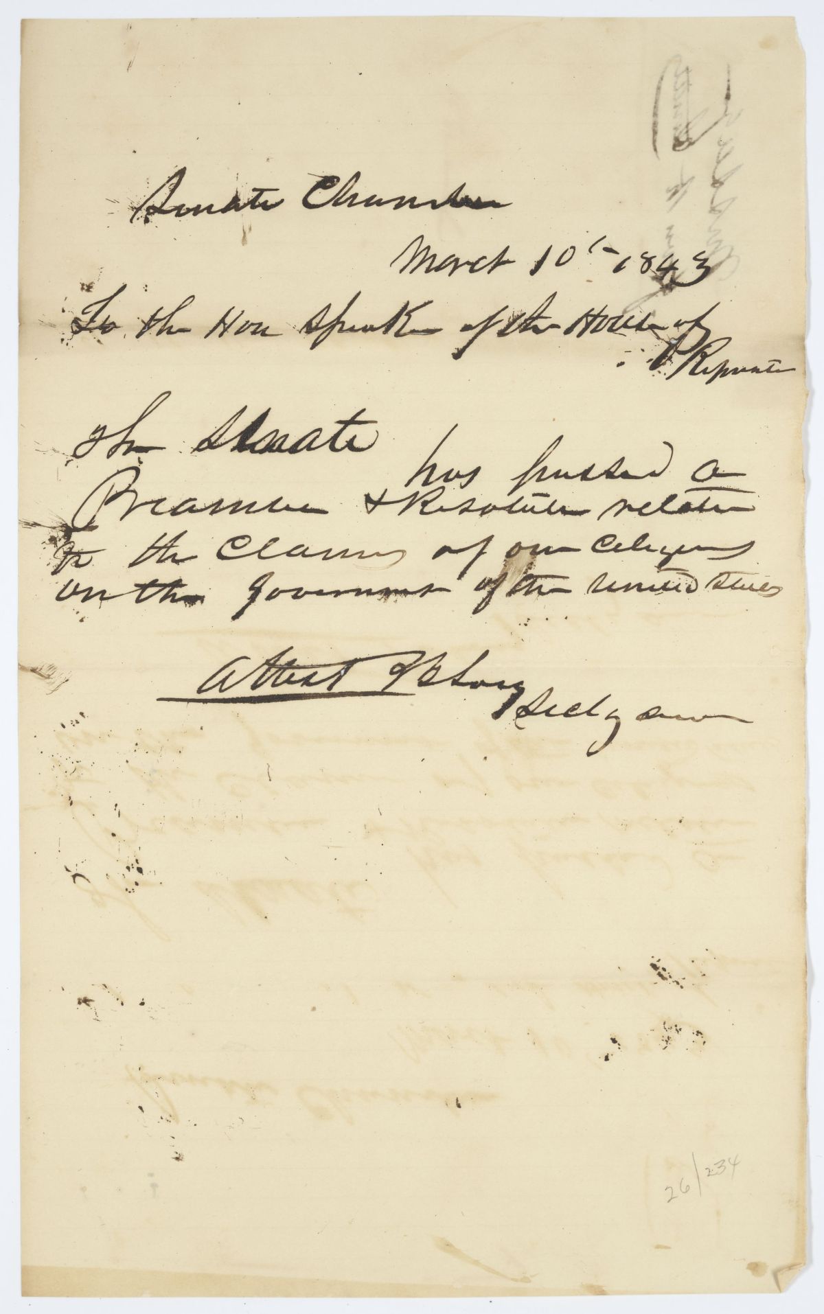 Message from the Senate to the House of Representatives Concerning a Resolution Relative to Claims Against the United States, 1843