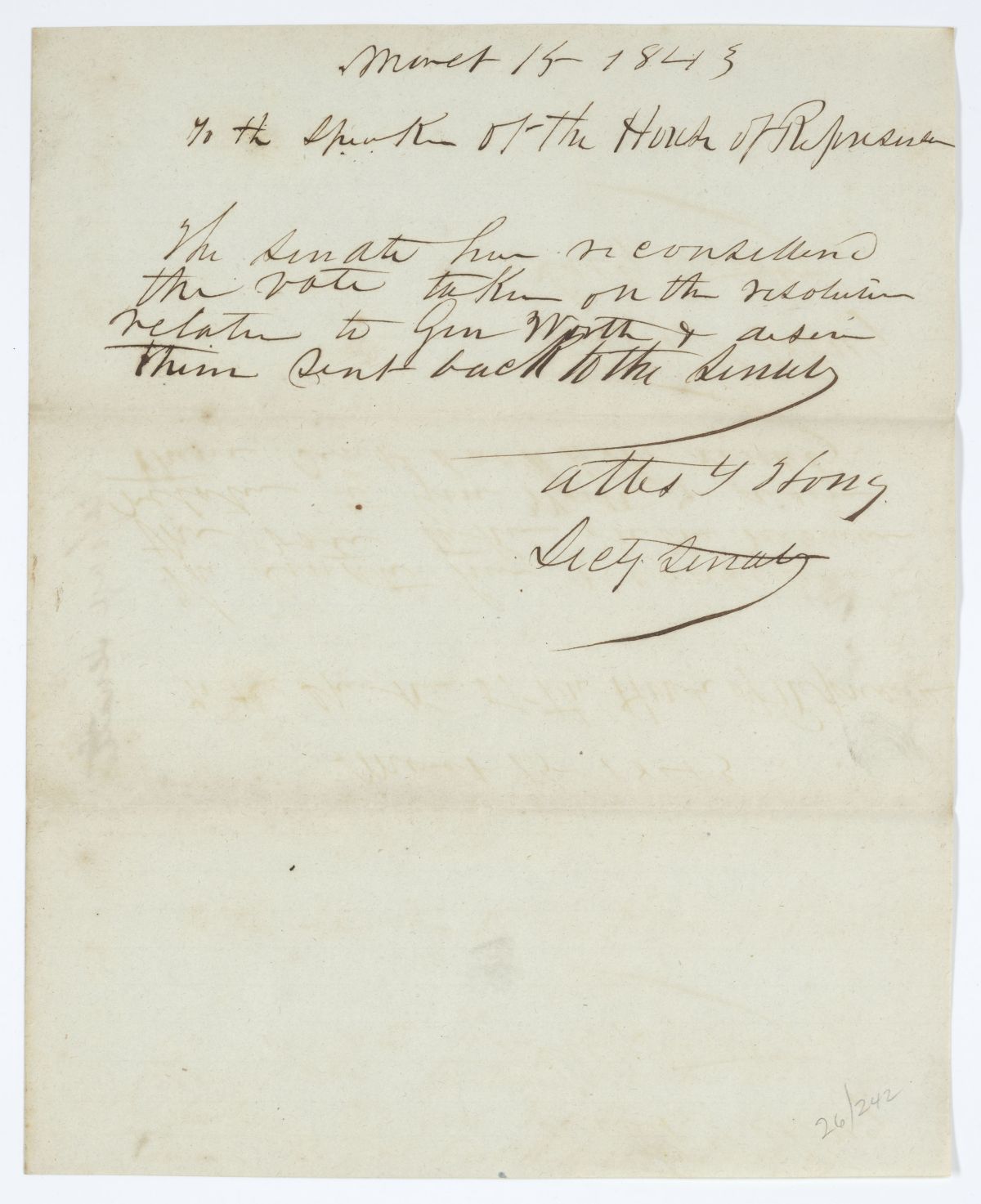 Message from the Senate to the House of Representatives Concerning a Resolution Relative to General Worth, 1843