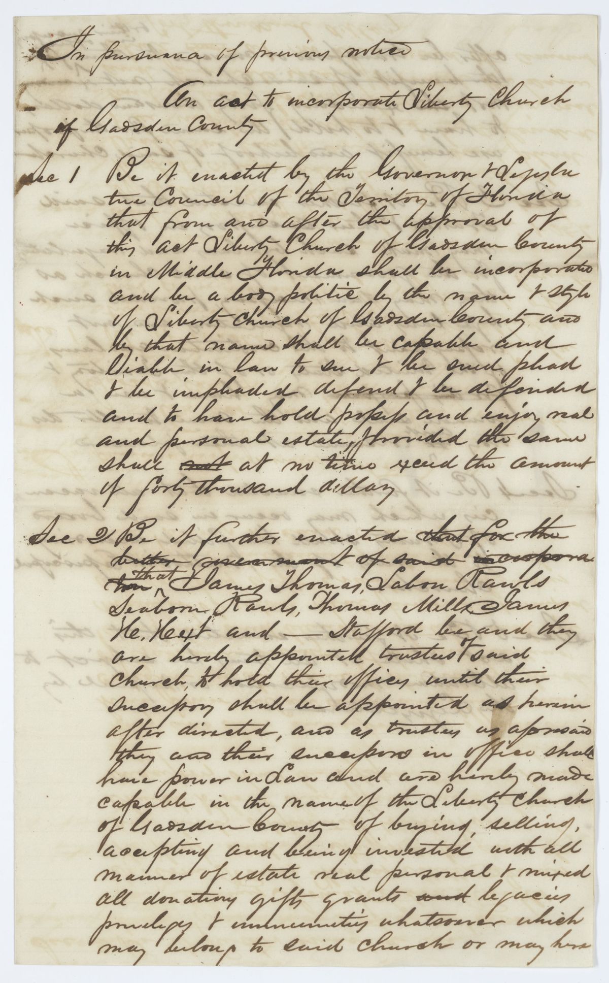 Draft of an Act to Incorporate Liberty Church of Gadsden County, circa 1843