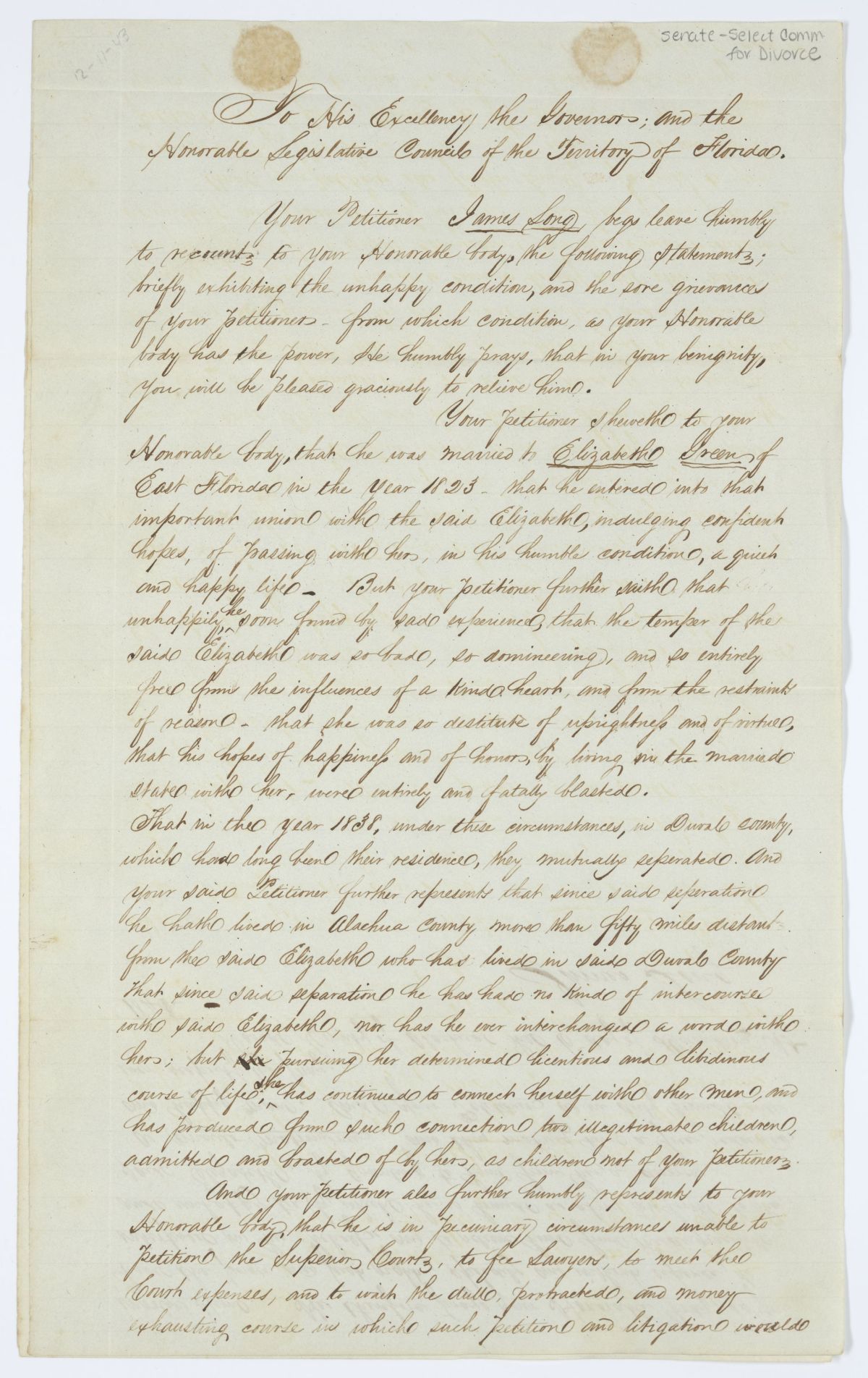 Divorce Petition of James Long, 1843