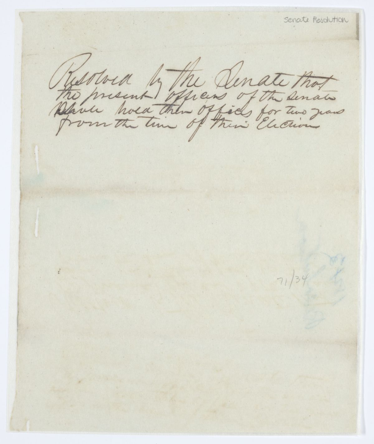 Resolution of the Senate Concerning the Term of Office of Senate Officers, circa 1843