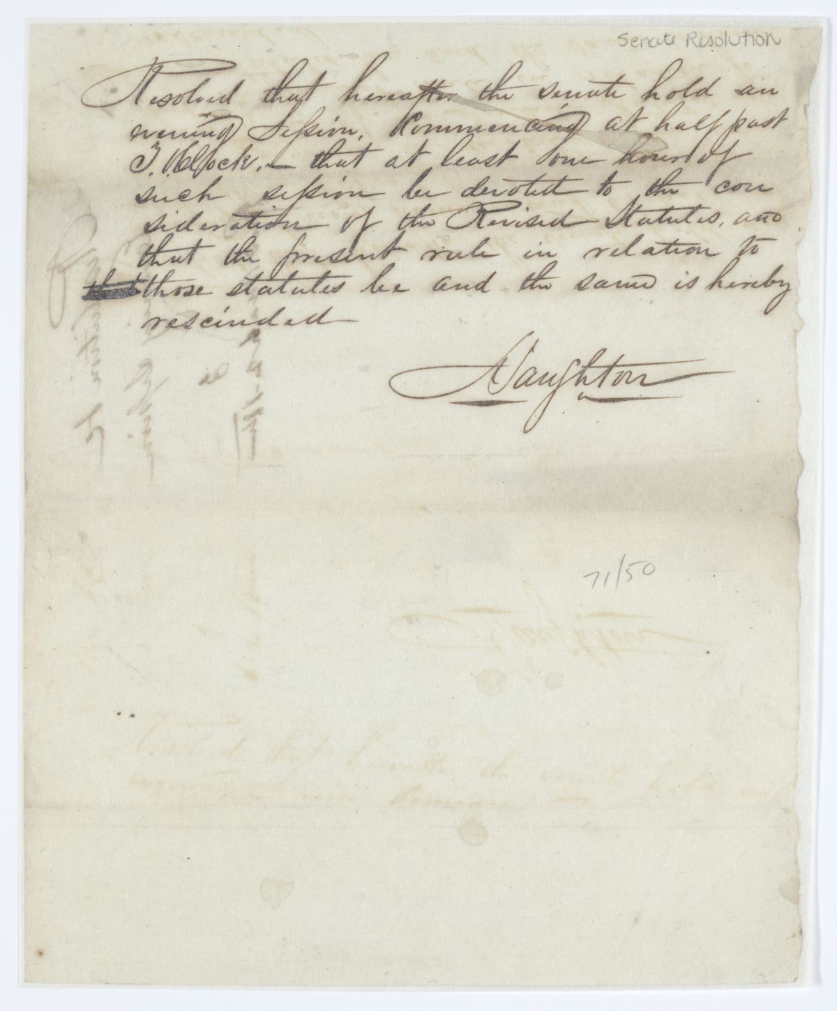 Resolution of the Senate Mandating an Evening Session, circa 1843