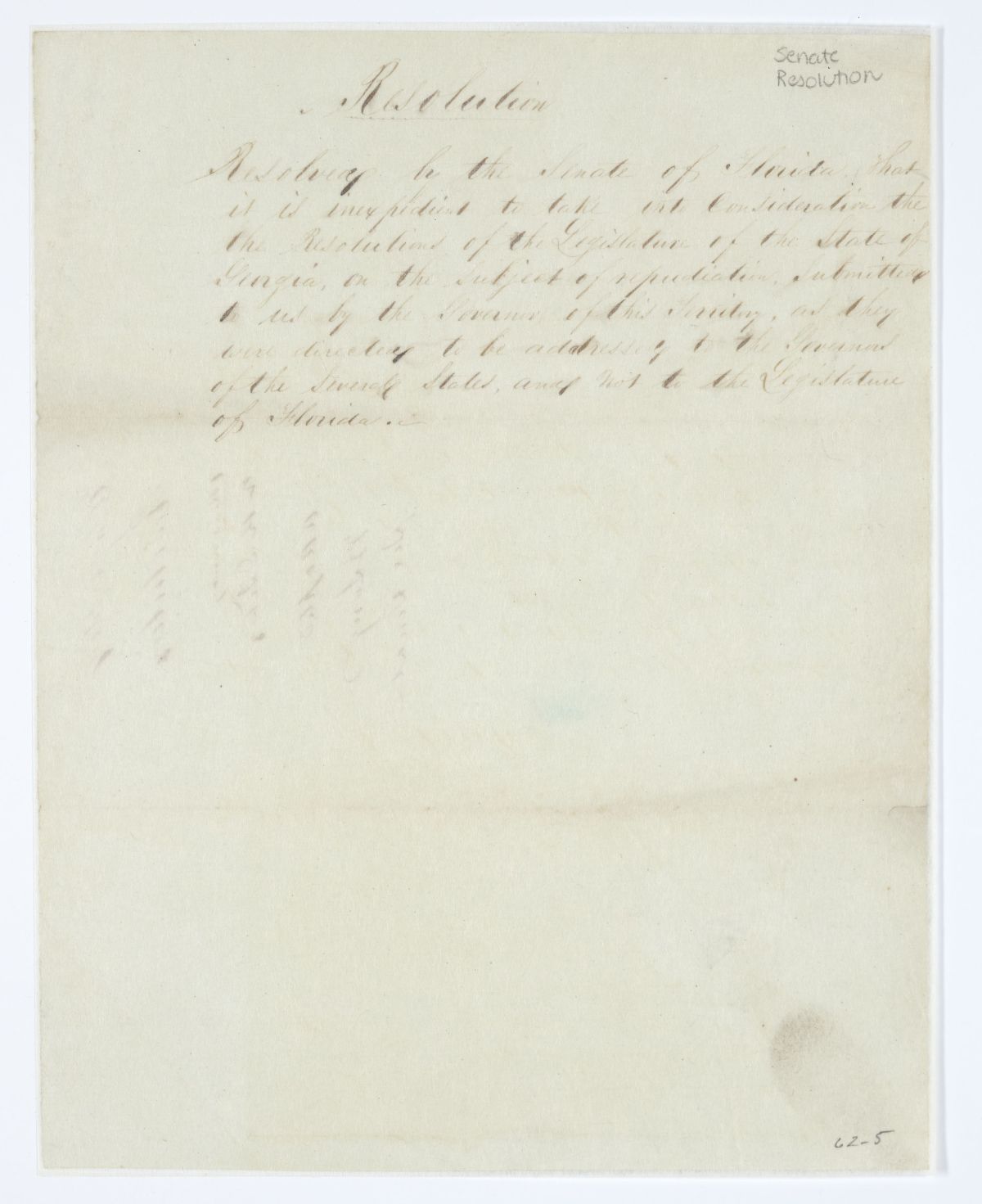 Resolution of the Senate Regarding Repudiation, circa 1843