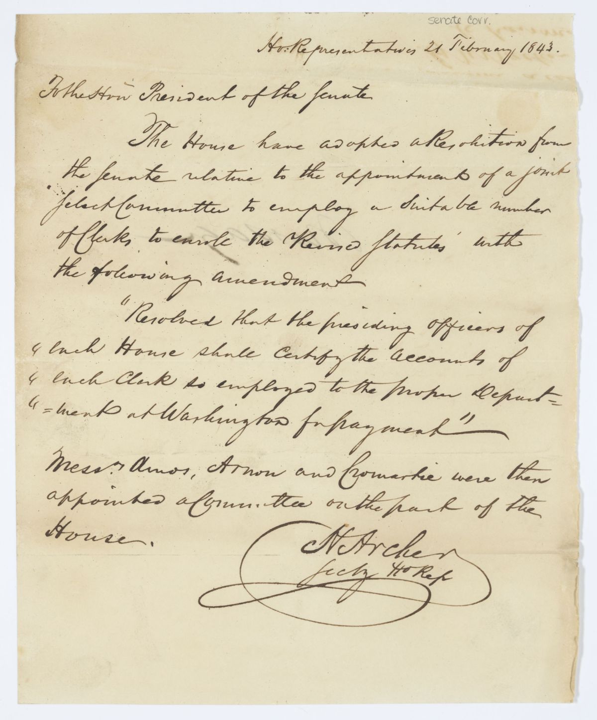 Message from the House to the Senate Concerning a Joint Select Committee to Enroll the Revised Statutes, 1843