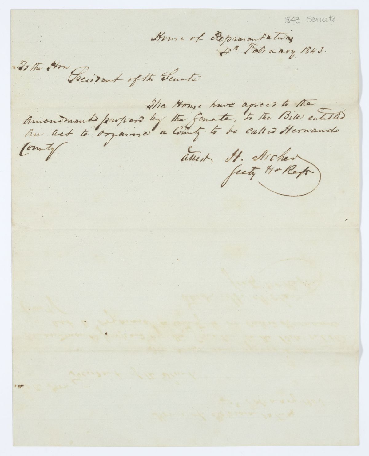 Message from the House to the Senate Regarding a Bill to Organize Hernando County, 1843