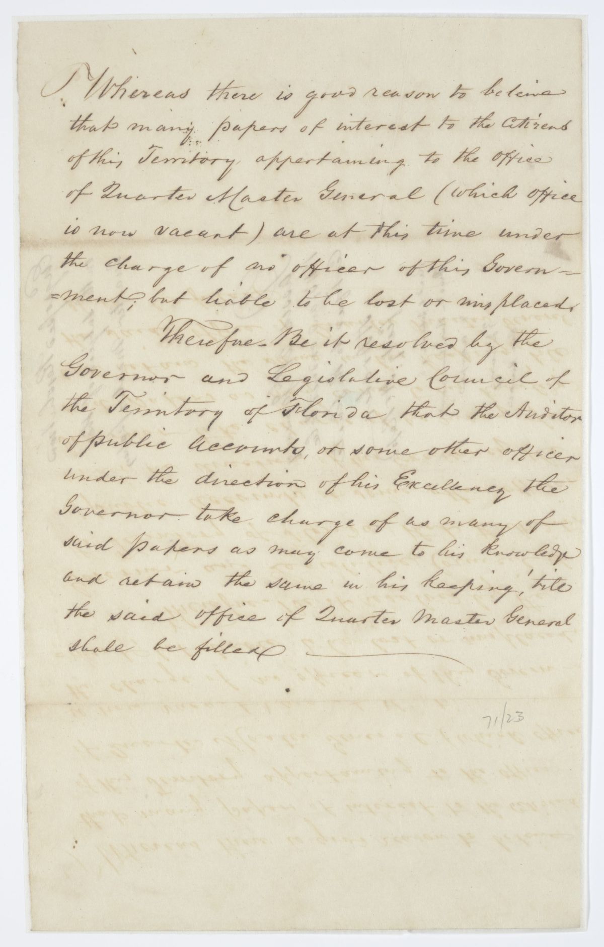 Two Resolutions Directing that Some Public Officer Take Charge of the Papers of the Quartermaster General, 1843