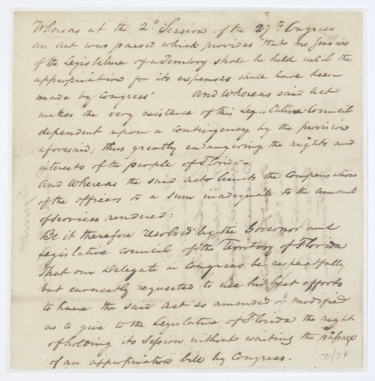 Resolution Directing the Florida Delegate in Congress to Obtain an Amendment to an Act Regarding Sessions of the Territorial Legislative Council, 1843