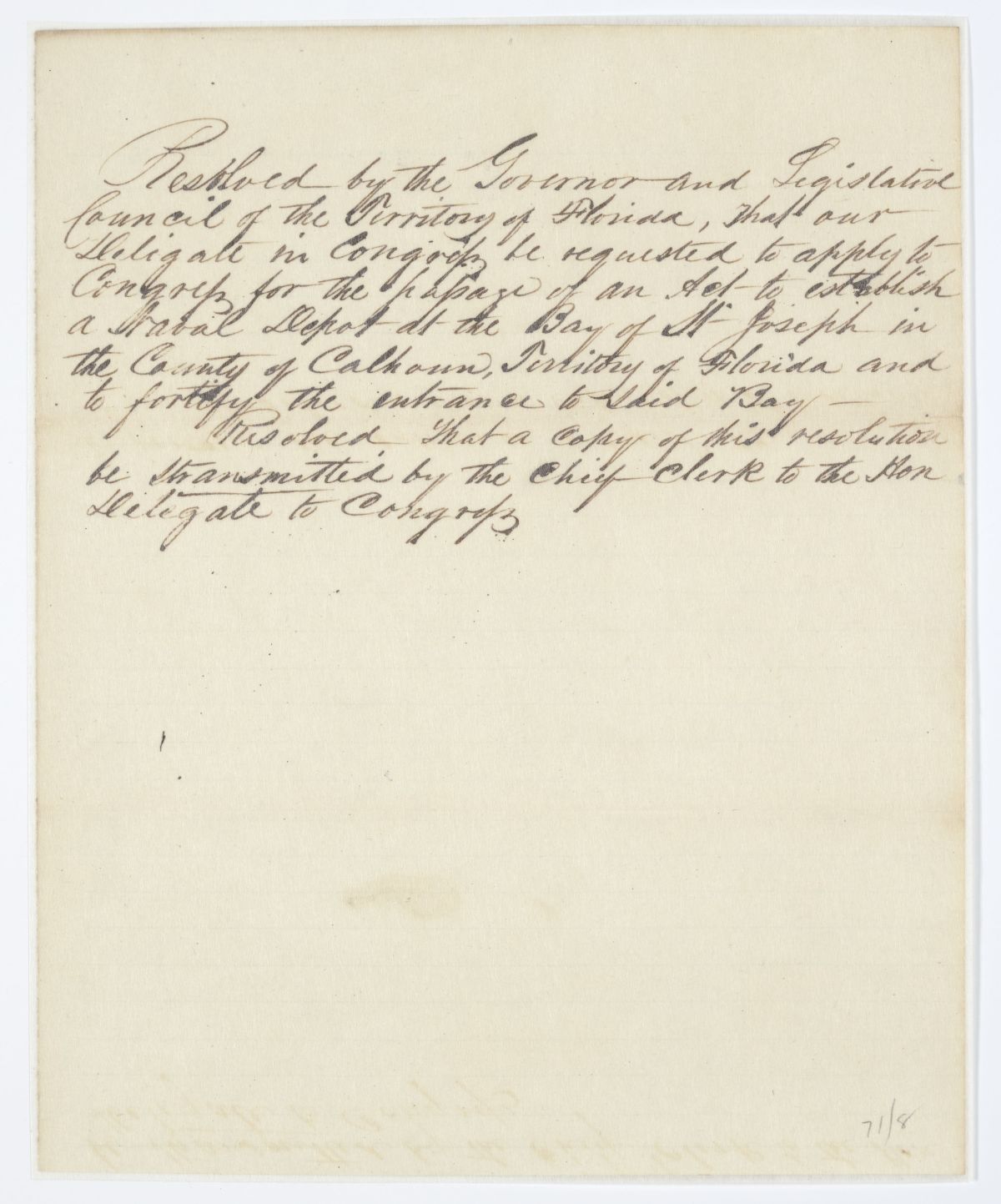 Resolution Directing the Florida Delegate in Congress to Procure the Passage of an Act Establishing a Naval Depot at Saint Joseph Bay, circa 1843