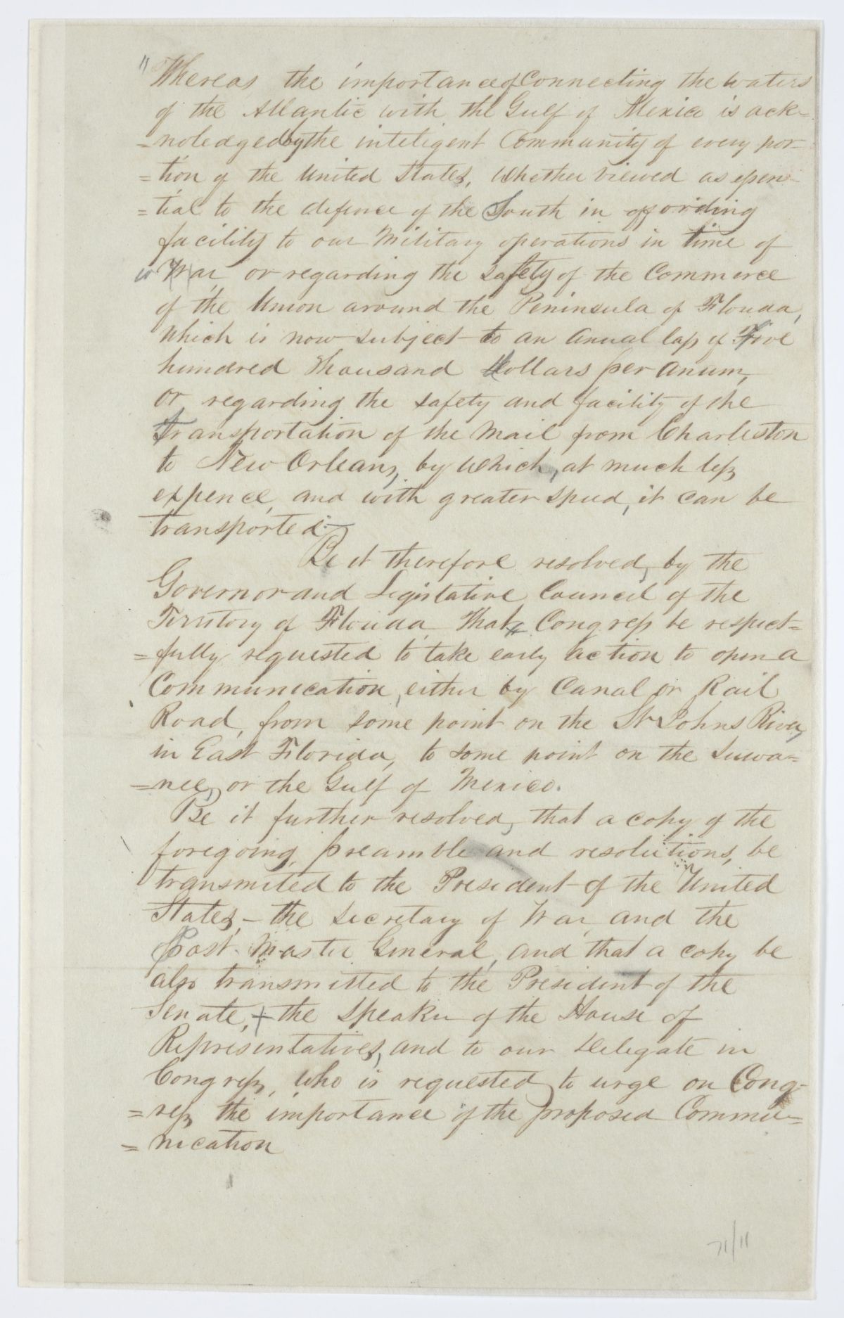 Resolution Requesting that Congress Open a Canal or Railroad from the Saint Johns River to the Suwannee River or the Gulf of Mexico, circa 1843