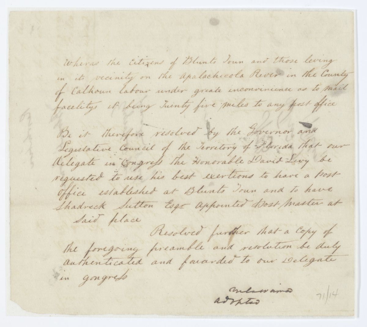 Resolution Directing the Florida Delegate in Congress to Lobby for the Establishment of a Post Office in Blountstown, circa 1843