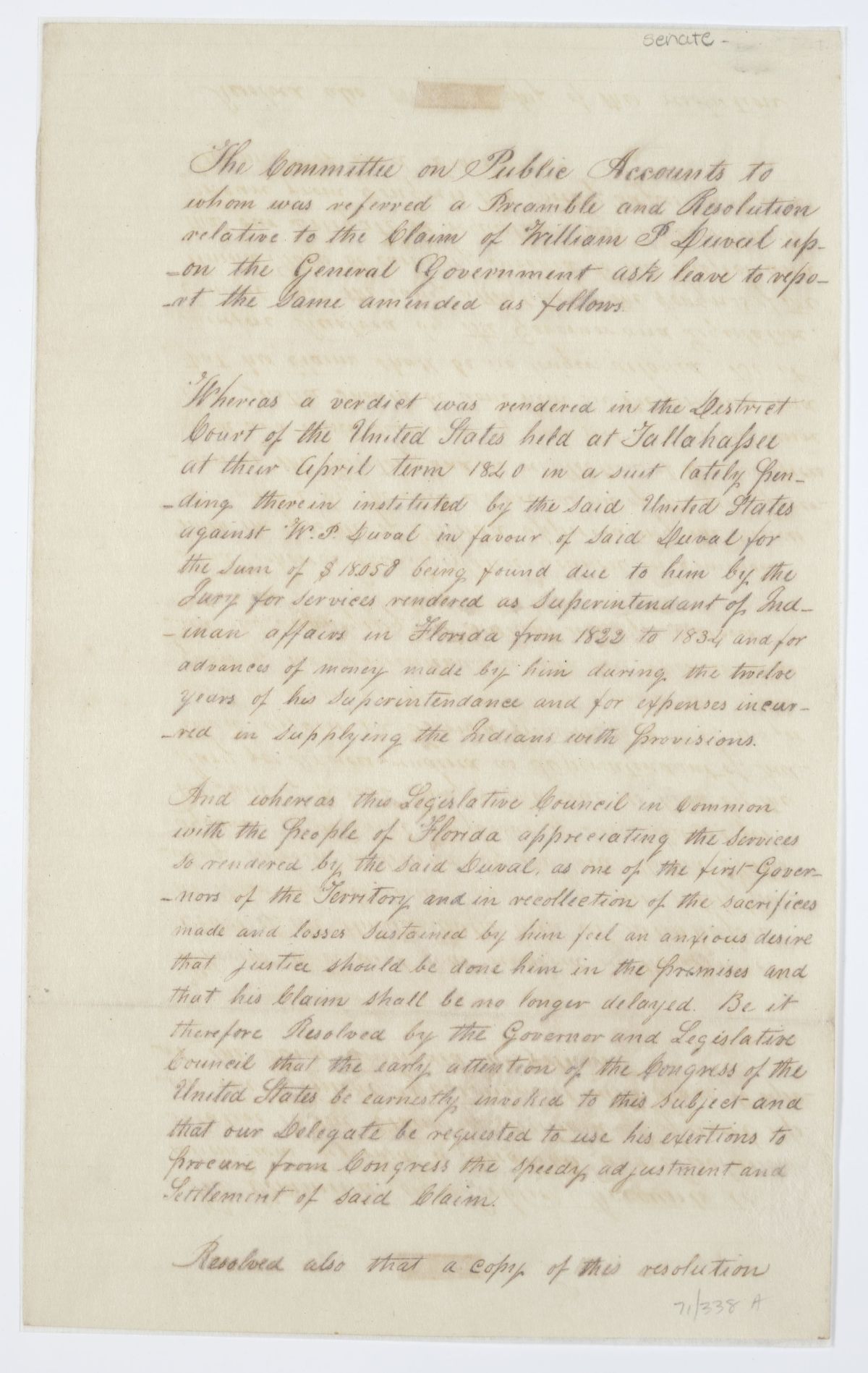 Report of the Committee on Public Accounts Regarding the Claim of William P. Duval upon the General Government, 1843