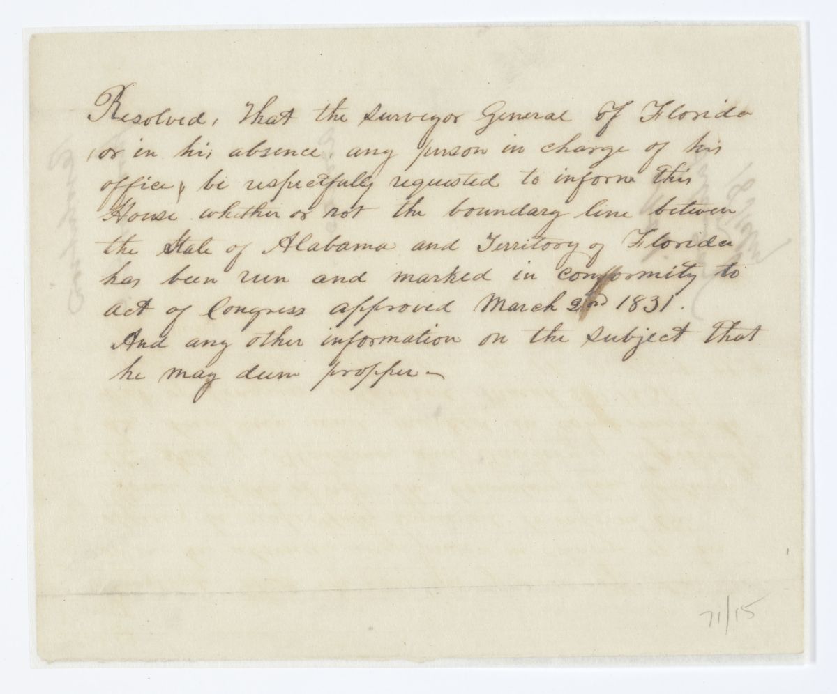 Resolution Requesting that the Surveyor General of Florida Report on the Boundary Between Alabama and Florida, circa 1843