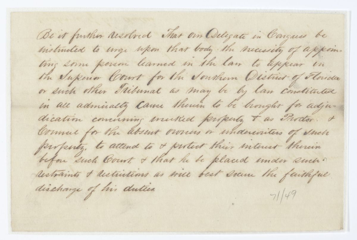 Resolution Directing the Florida Delegate in Congress to Obtain the Appointment of a Lawyer to Take Part in Wrecking Cases, circa 1843