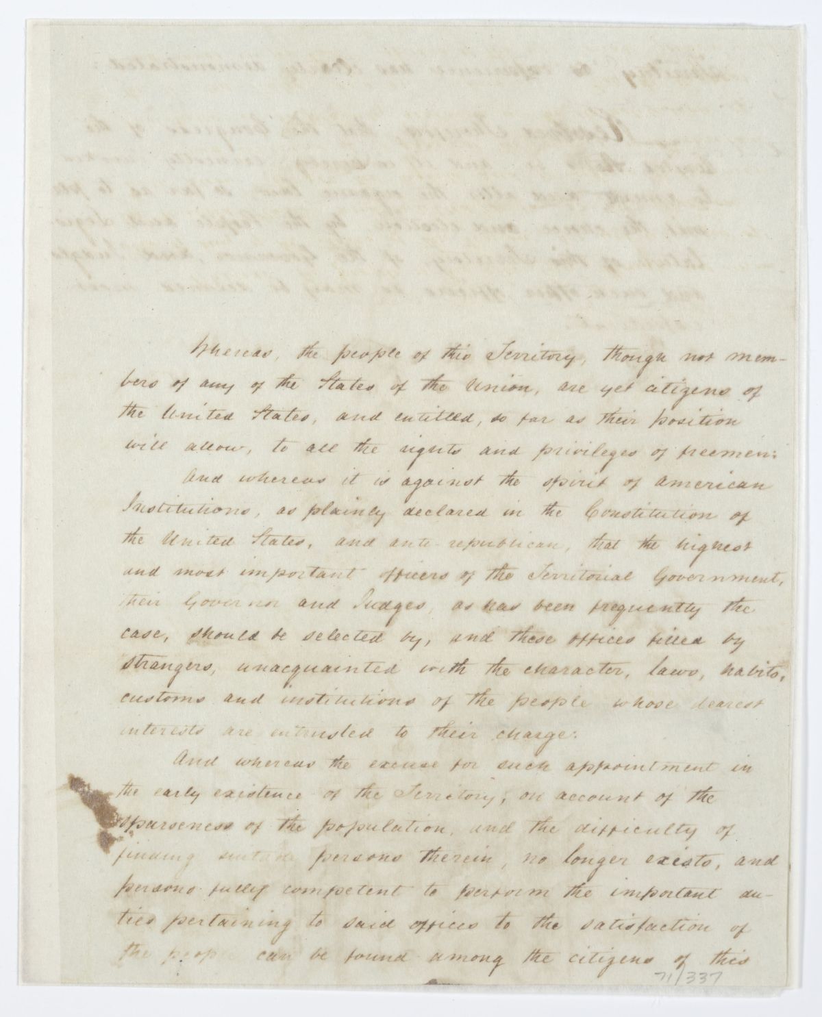 Memorial to Congress Requesting an Amendment to the Organic Law to Allow for the Election of Governor and Other Public Officers, 1843