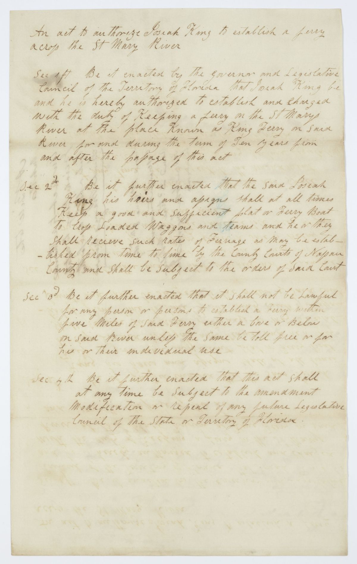 Draft of an Act to Authorize Josiah King to Establish a Ferry Across the Saint Marys River, 1843