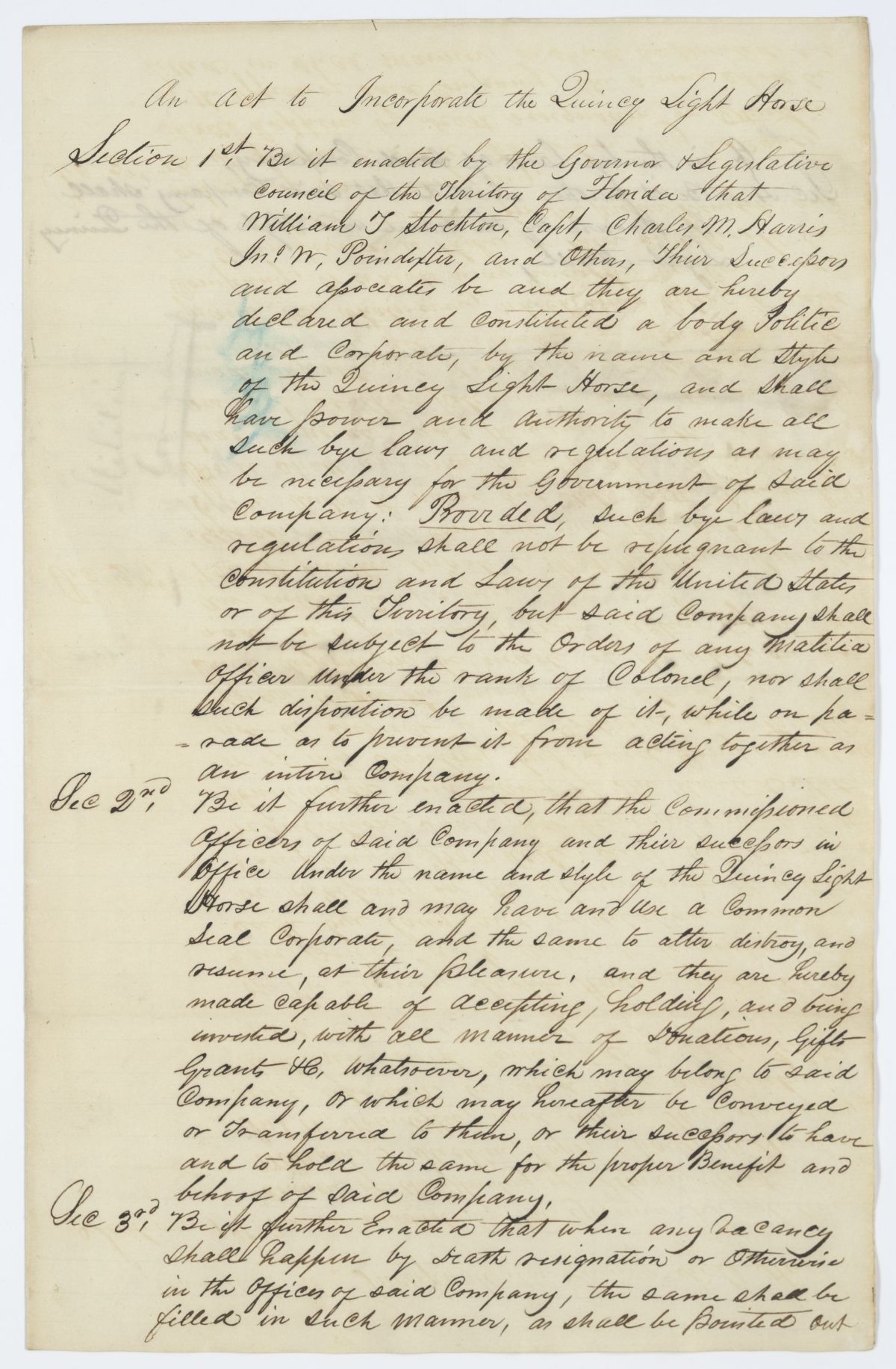 Draft of an Act to Incorporate the Quincy Light Horse, 1843