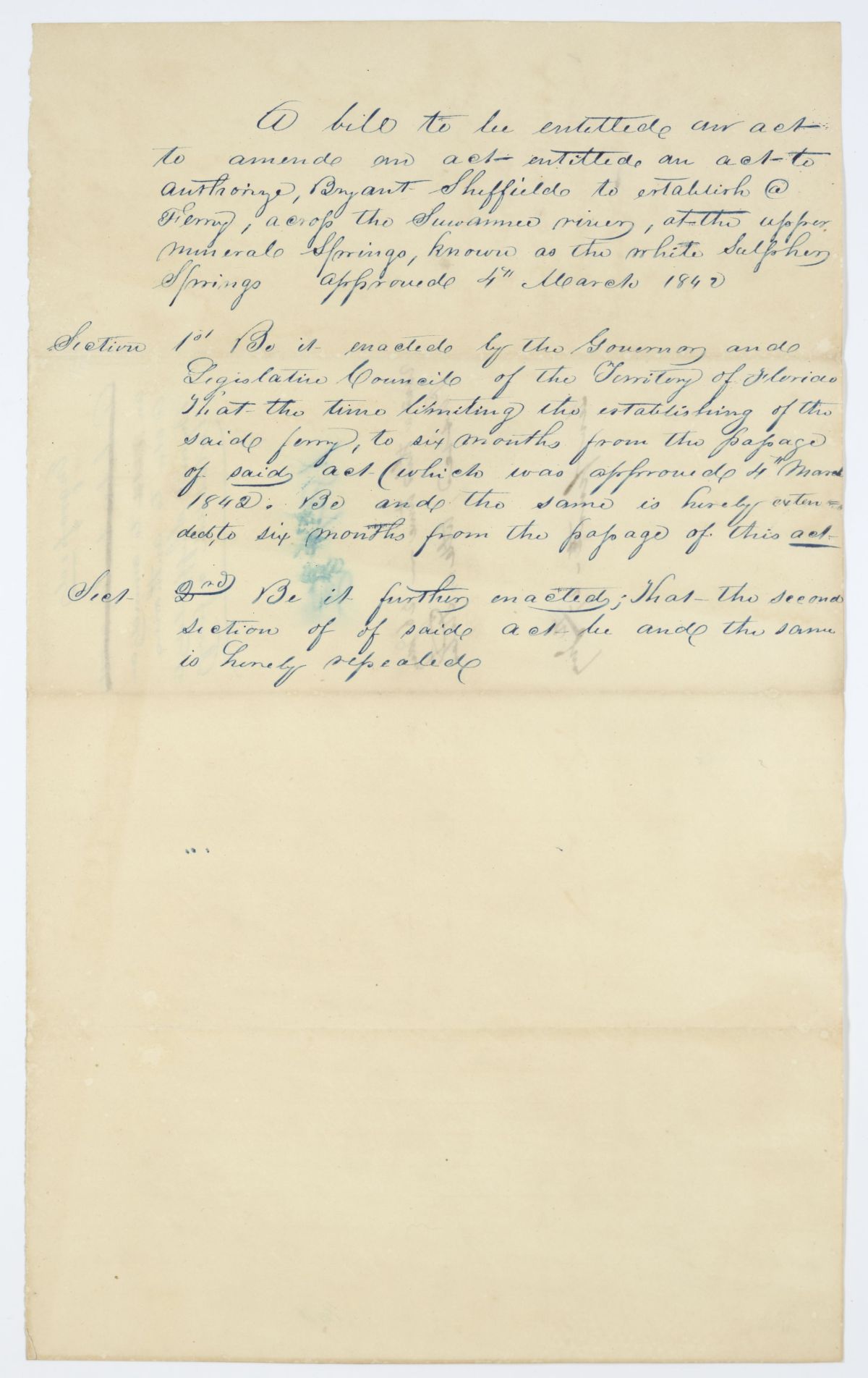 Draft of an Act to Amend an Act to Authorize Bryant Sheffield to Establish a Ferry Across the Suwannee River, 1843