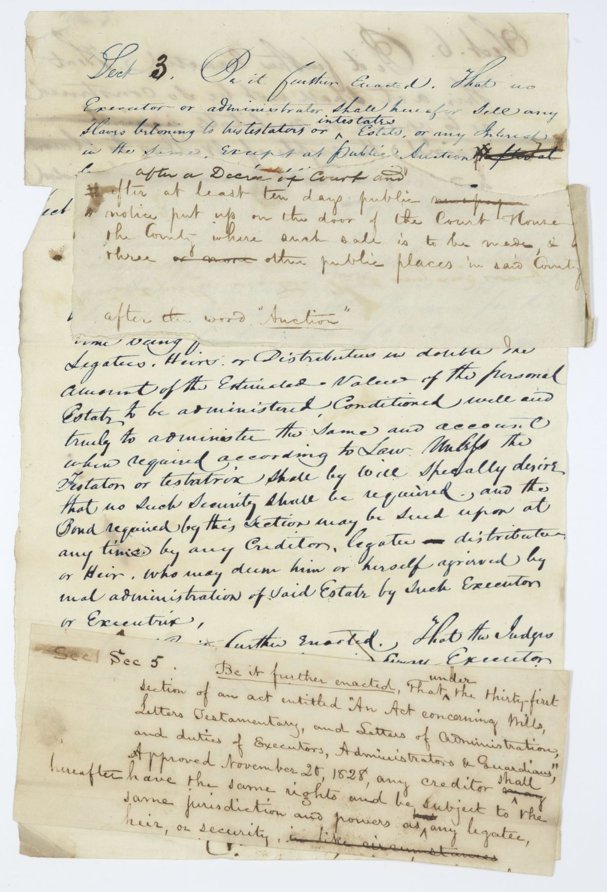 Fragment of a Draft of an Act Concerning Executors and Administrators, circa 1843