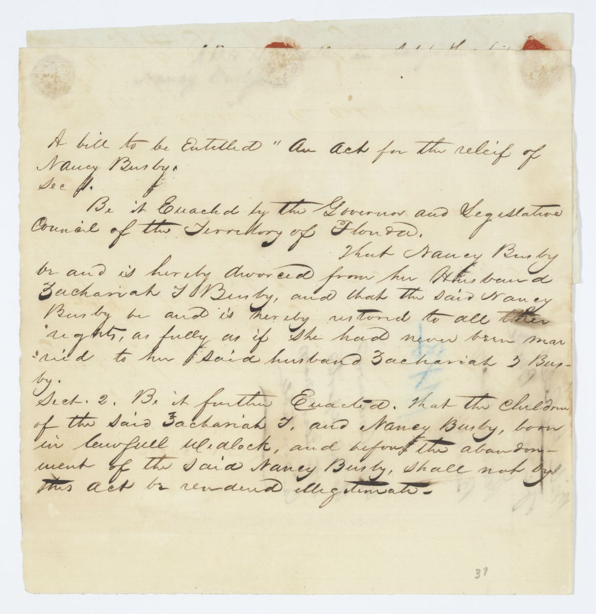 Draft of an Act for the Relief of Nancy Busby, circa 1843