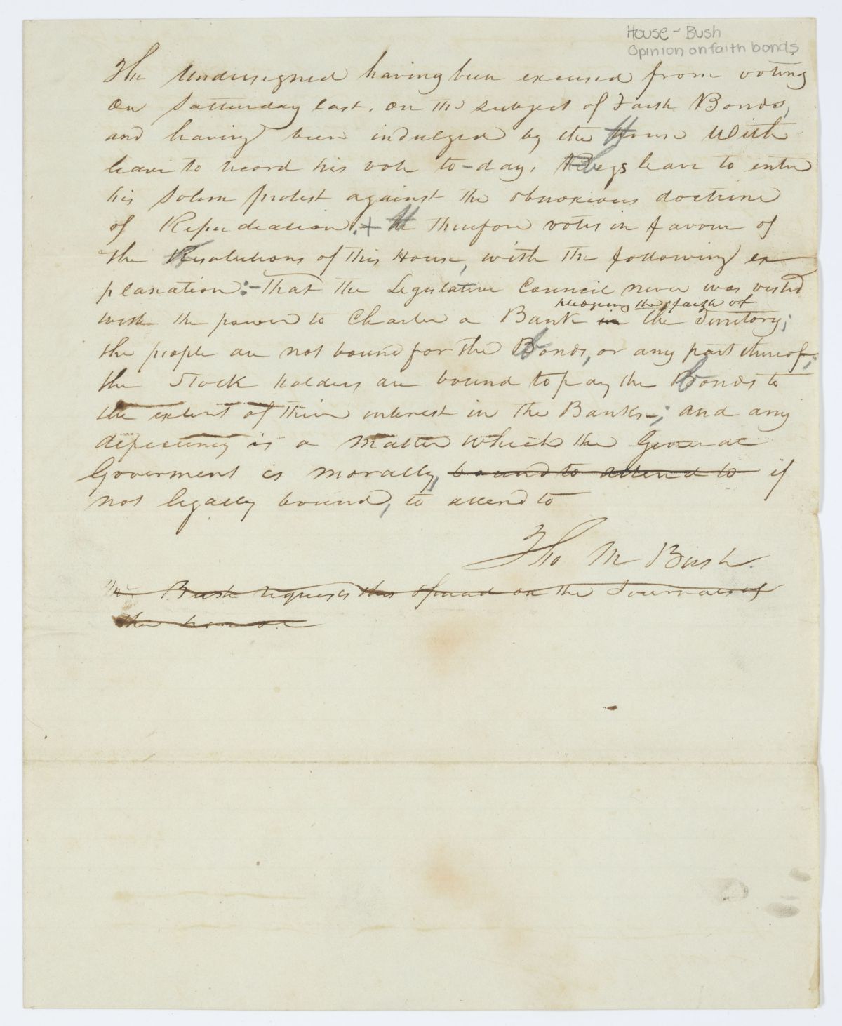 Representative Thomas M. Bush's Position on a Resolution Concerning Faith Bonds, circa 1843