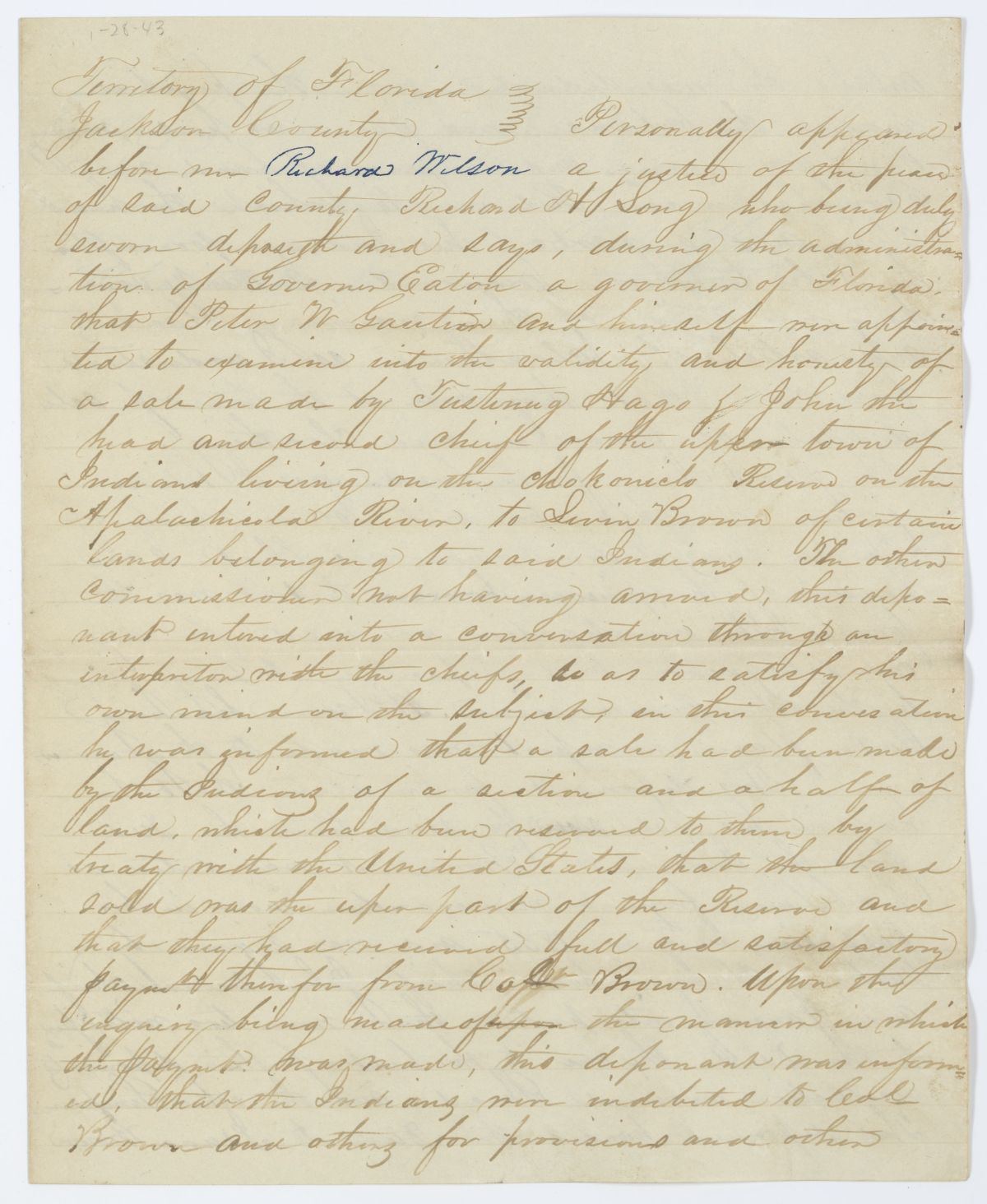 Affidavit of Richard H. Long Attesting to His Investigation of a Land Sale Between Native Americans and Levin Brown, 1843